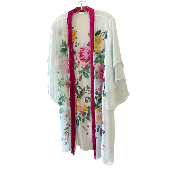 SOFT SURROUNDINGS Size Large Sheer Green Pink Floral Embroidered Open Duster - Picture 3 of 9